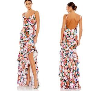 Mac Duggal Floral Print Asymmetrical Ruffle Hem Gown In Multi 68075 Size 12 NEW